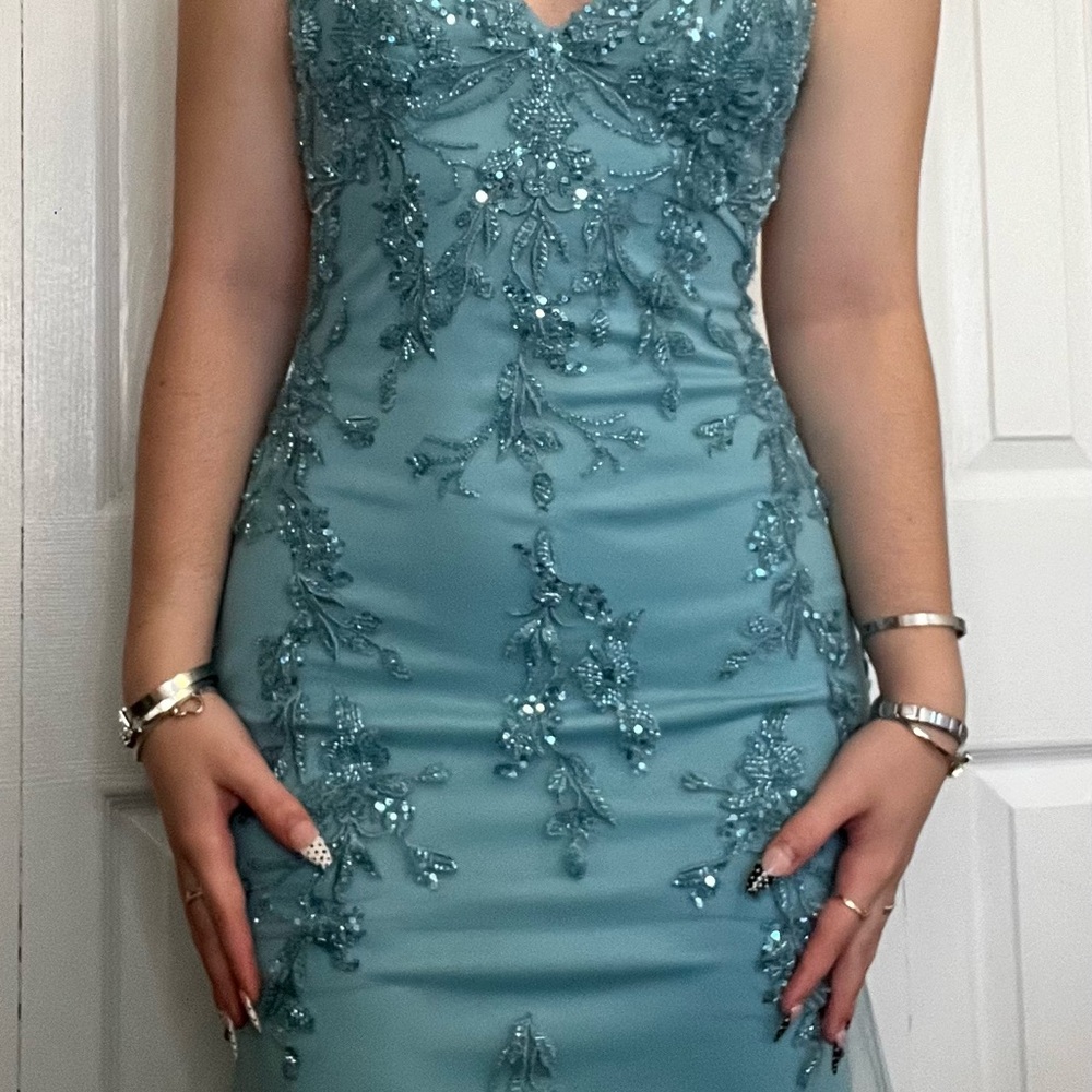 Faviana Teal Beaded Lace Long Prom Dress